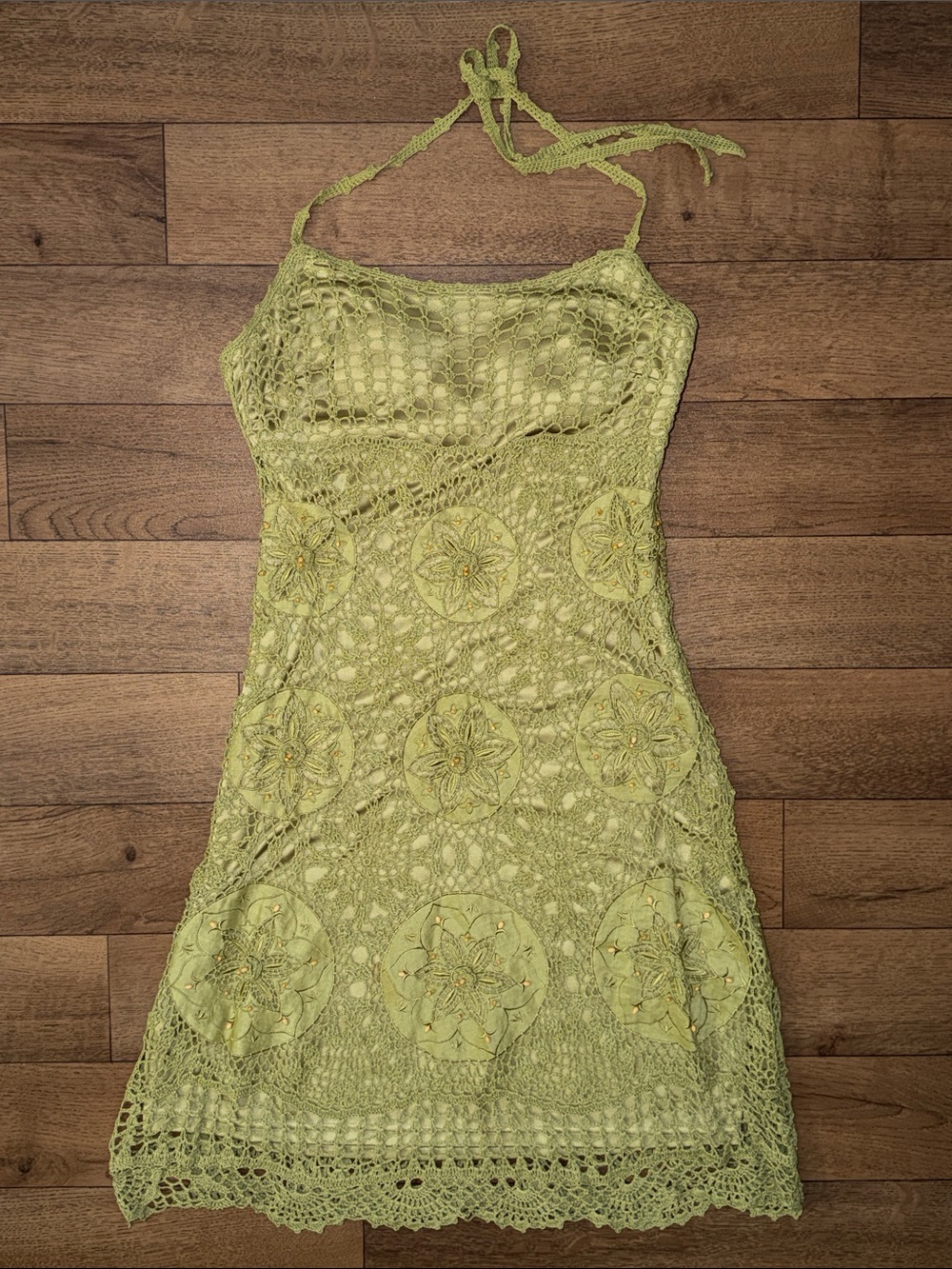 Vintage Sue Wong Size 8 Green Beaded Crochet Halter Mini Dress Y2K 90’s Baddie